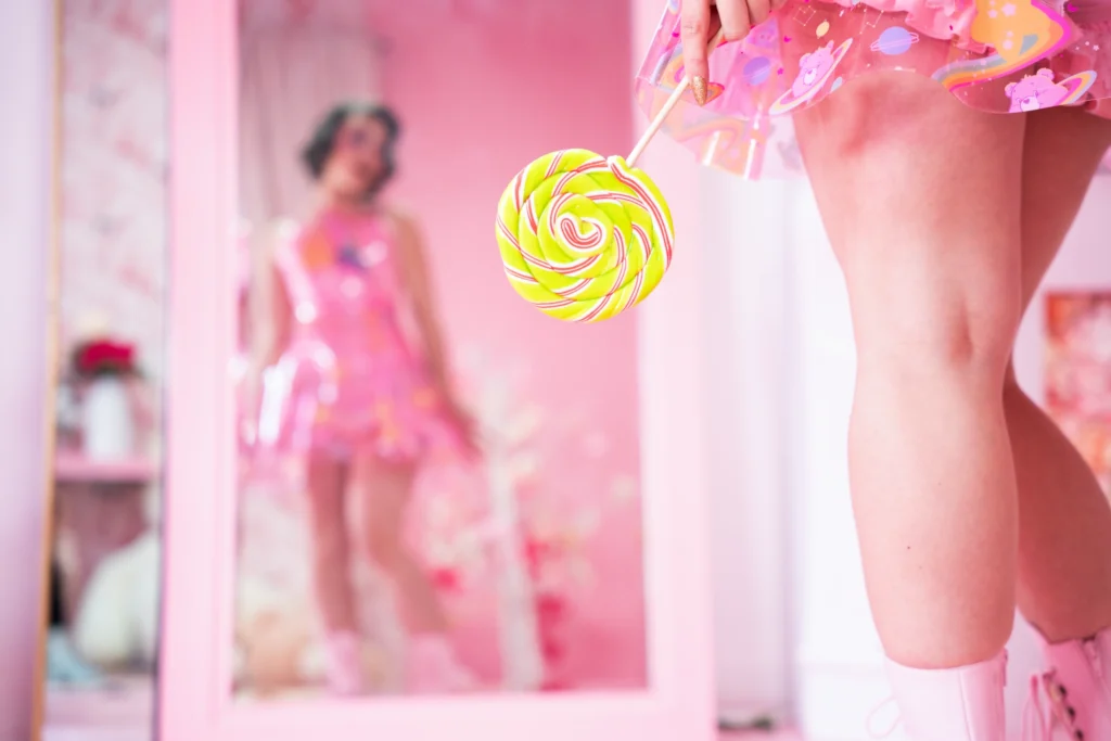 Pink room detail with a reflection of mistress obelia and a lollipop